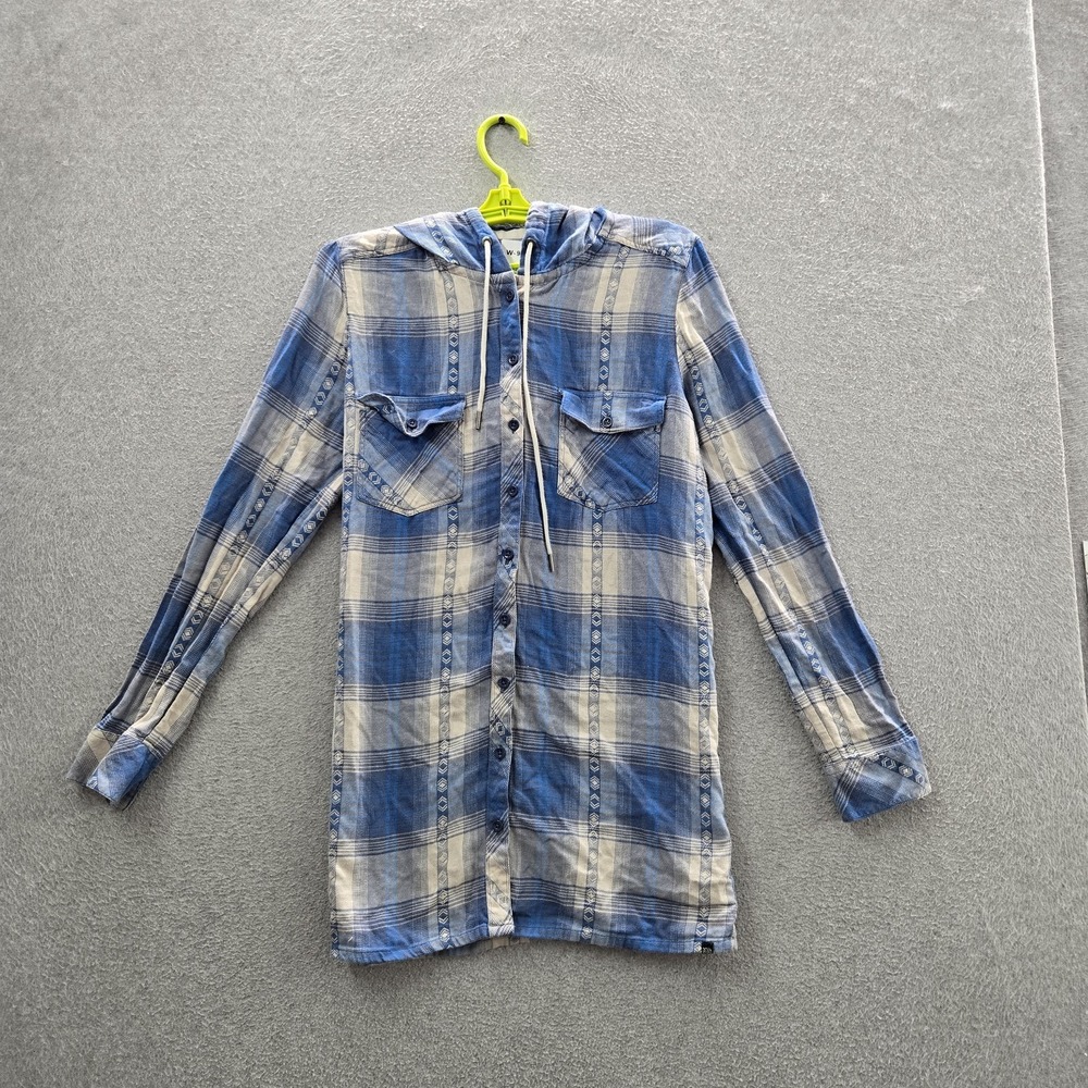 Volcom Women Button Up Shirt M Blue Plaid Western Long Sleeve Hooded